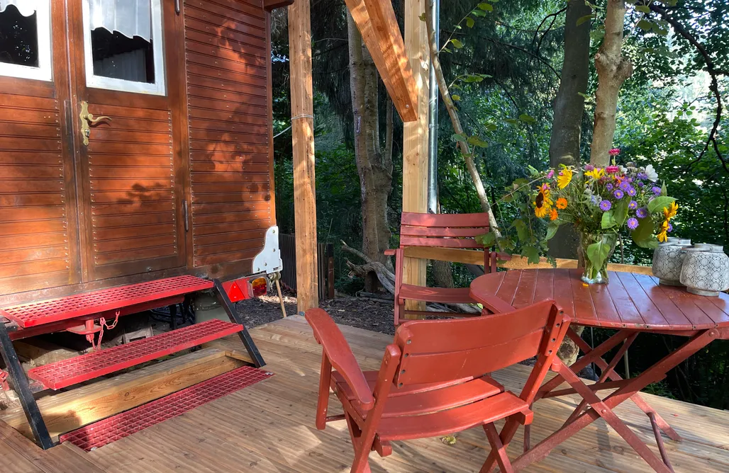 AlohaCamp accommodation Historic Circus Wagon with Terrace by the Stream 4
